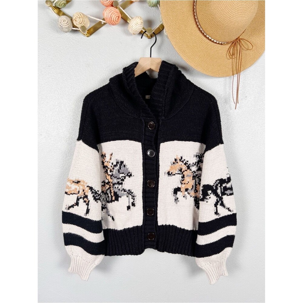 NWT Anthropologie Pilcro Horse Graphic Shawl Collar Chunky Knit Cardigan Medium - Picture 11 of 13